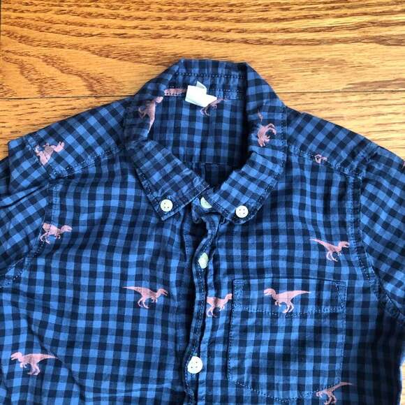 BABY GAP Button-Down Short Sleeve Dino Graphinc Plaid Blue Shirt Toddler Size 3 - Picture 2 of 7